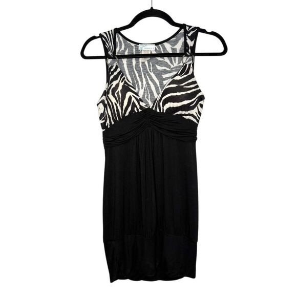 Vintage January 7 Women’s Large Zebra Print Mini Dress Black Stretch V-Neck Y2K - Picture 1 of 6